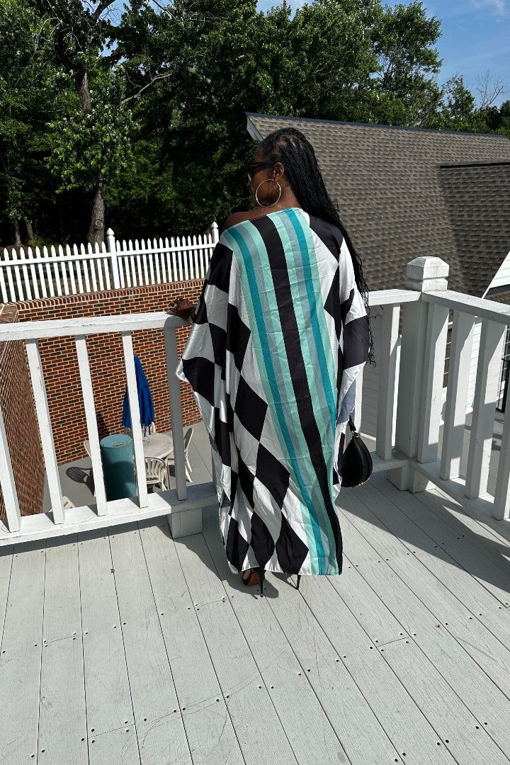 Rich Auntie Satin Diamond Print Kaftan Maxi- Black White and Turquoise Blend Ships 3/24