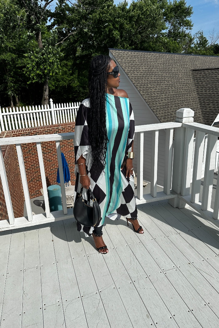 Rich Auntie Satin Diamond Print Kaftan Maxi- Black White and Turquoise Blend Ships 3/24