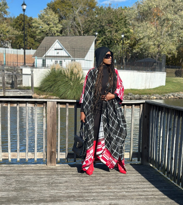 NEW Rich Auntie Winter Open Front Long Kimono - Plaid Black Red White Blend Ships 11/4