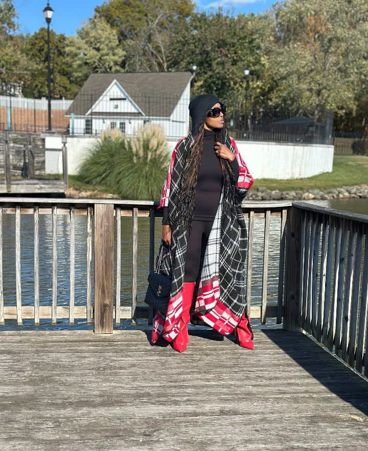 NEW Rich Auntie Winter Open Front Long Kimono - Plaid Black Red White Blend Ships 11/4