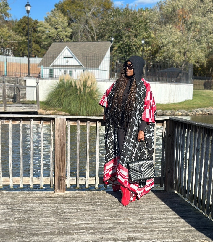 NEW Rich Auntie Winter Open Front Long Kimono - Plaid Black Red White Blend Ships 11/4
