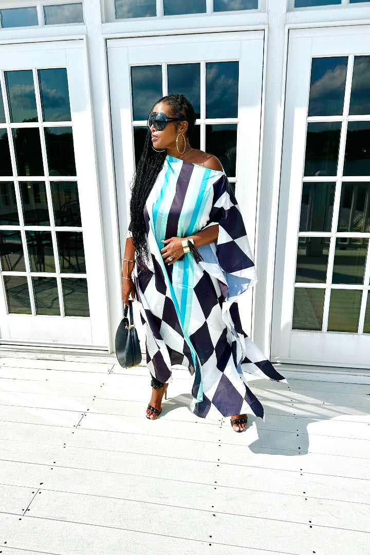 Rich Auntie Satin Diamond Print Kaftan Maxi- Black White and Turquoise Blend Ships 3/24