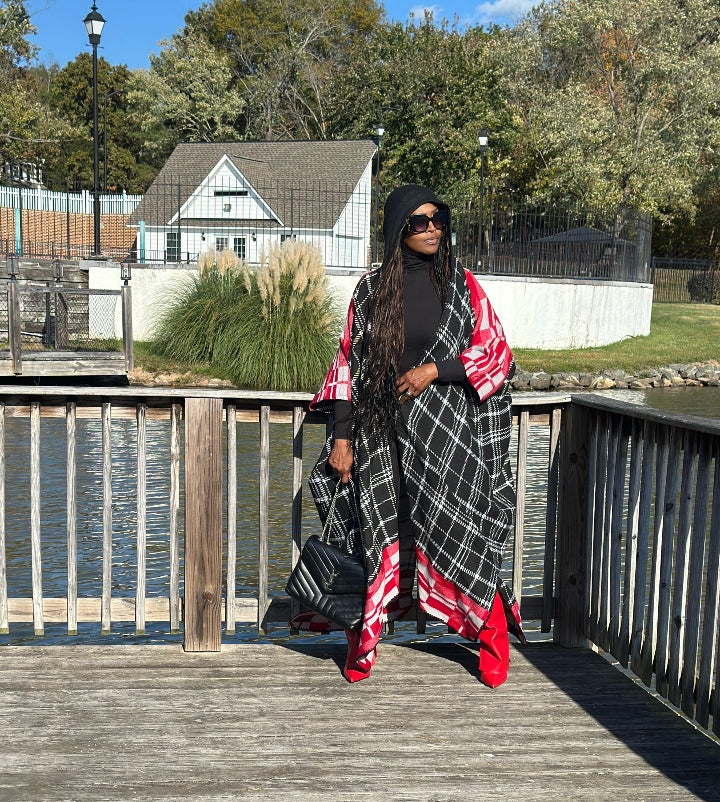 NEW Rich Auntie Winter Open Front Long Kimono - Plaid Black Red White Blend Ships 11/4