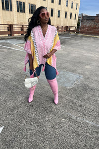 Rich Auntie Winter Open Front Poncho - Pink Yellow Cream Blend