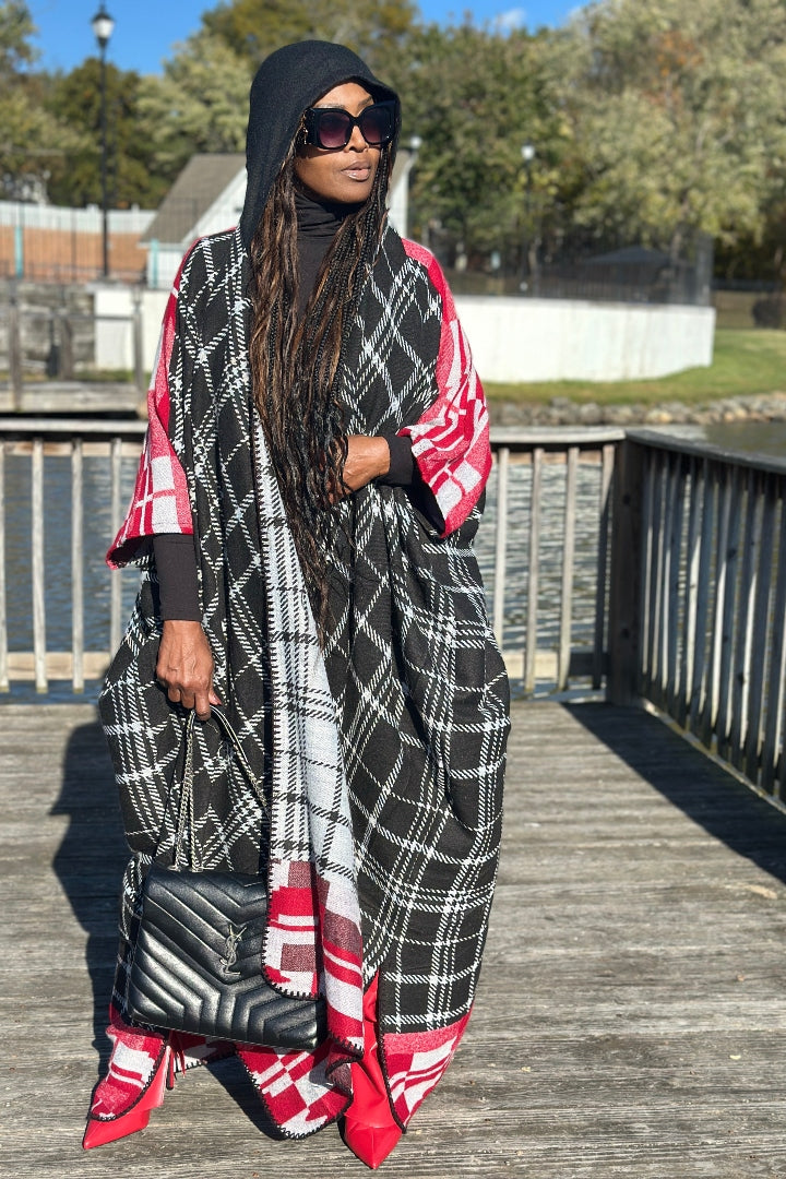 NEW Rich Auntie Winter Open Front Long Kimono - Plaid Black Red White Blend Ships 11/4