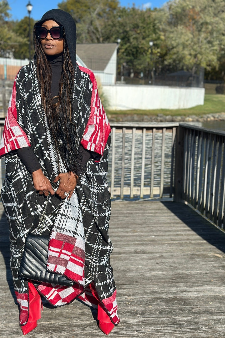 NEW Rich Auntie Winter Open Front Long Kimono - Plaid Black Red White Blend Ships 11/4