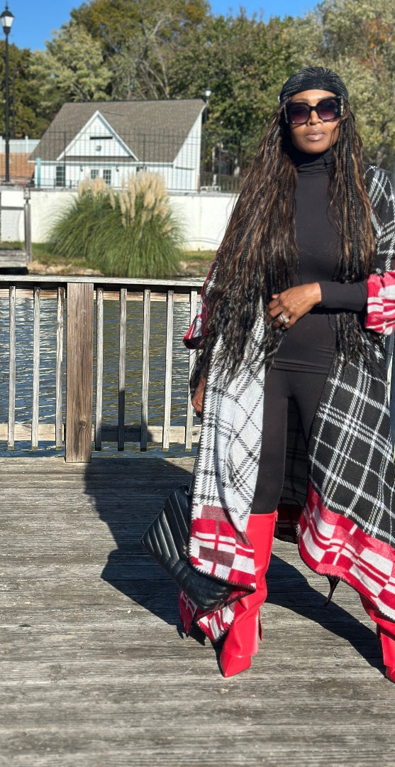 NEW Rich Auntie Winter Open Front Long Kimono - Plaid Black Red White Blend Ships 11/4