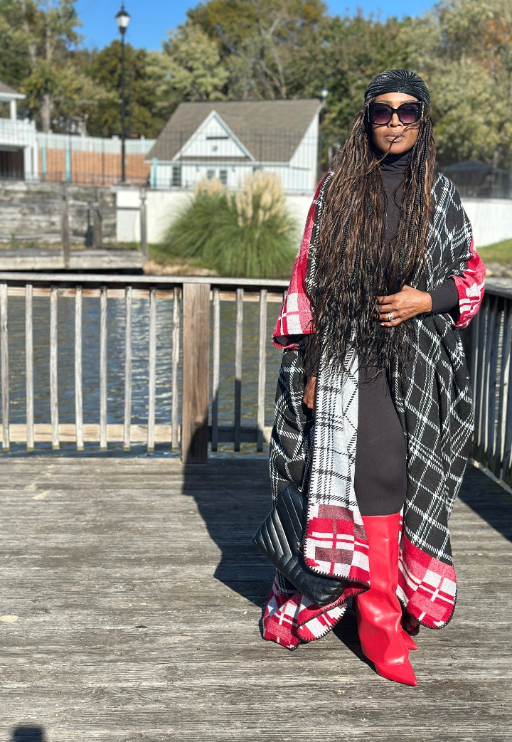 NEW Rich Auntie Winter Open Front Long Kimono - Plaid Black Red White Blend Ships 11/4