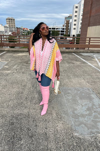 Rich Auntie Winter Open Front Poncho - Pink Yellow Cream Blend