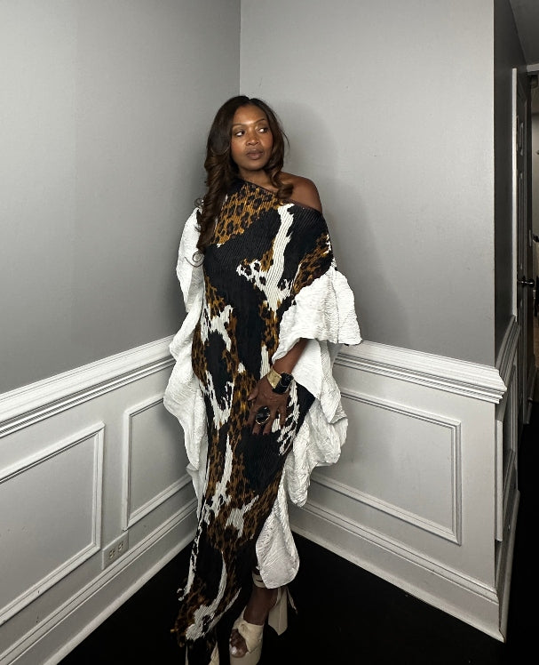 PRE- ORDER Own the room ruffled maxi dress - leopard black and white blend Ships 9/4