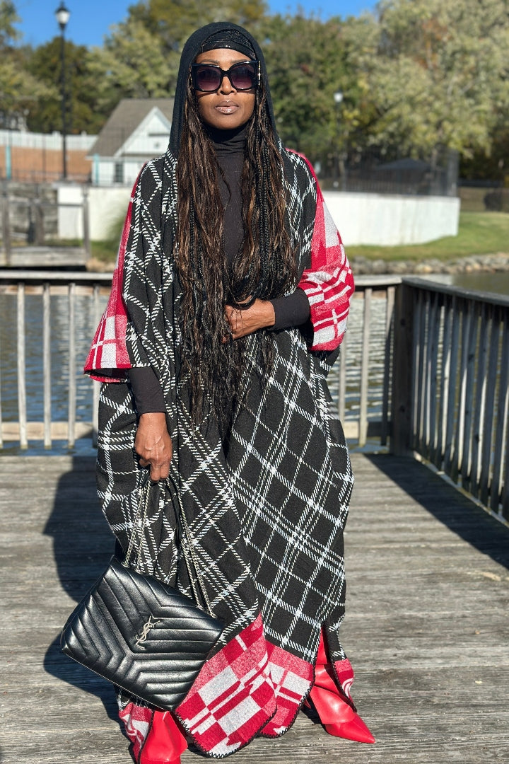 NEW Rich Auntie Winter Open Front Long Kimono - Plaid Black Red White Blend Ships 11/4