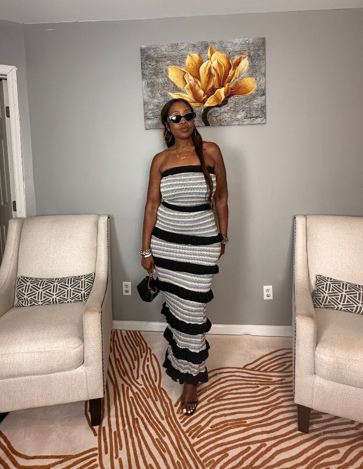 Rhythm & Ruffles Black and White Strapless Bodycon Dress