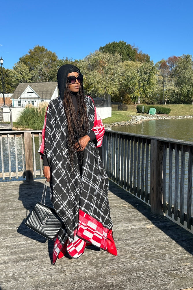 NEW Rich Auntie Winter Open Front Long Kimono - Plaid Black Red White Blend Ships 11/4