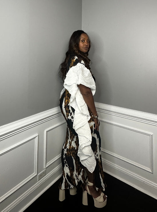 PRE- ORDER Own the room ruffled maxi dress - leopard black and white blend Ships 9/4