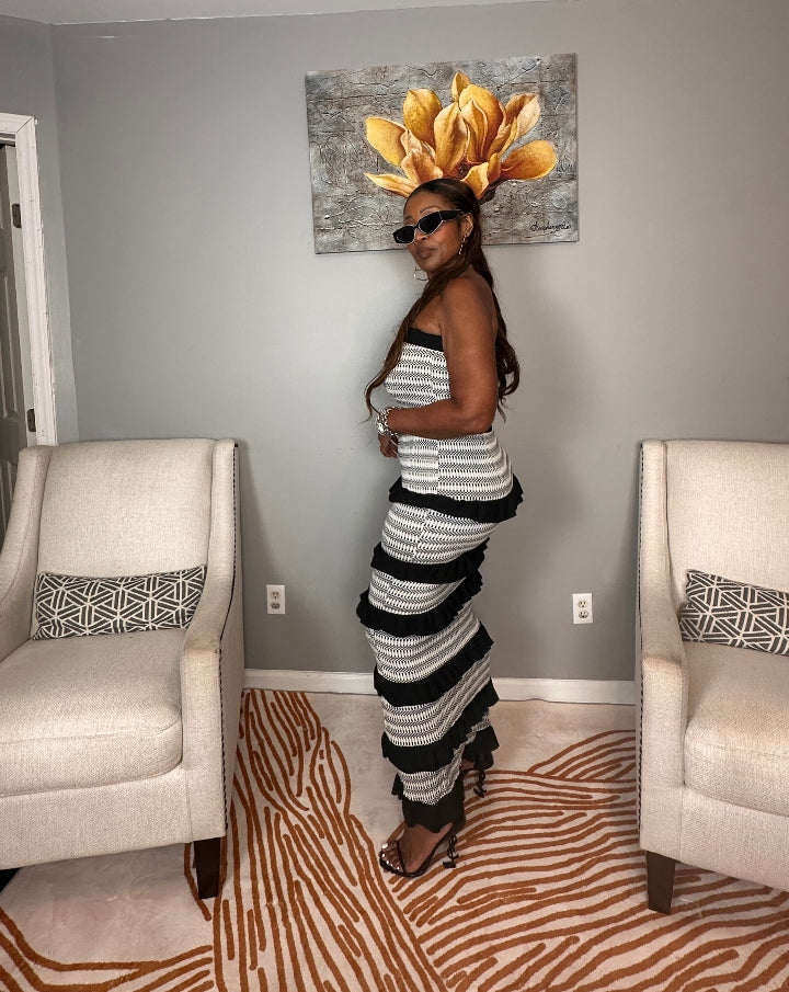 Rhythm & Ruffles Black and White Strapless Bodycon Dress