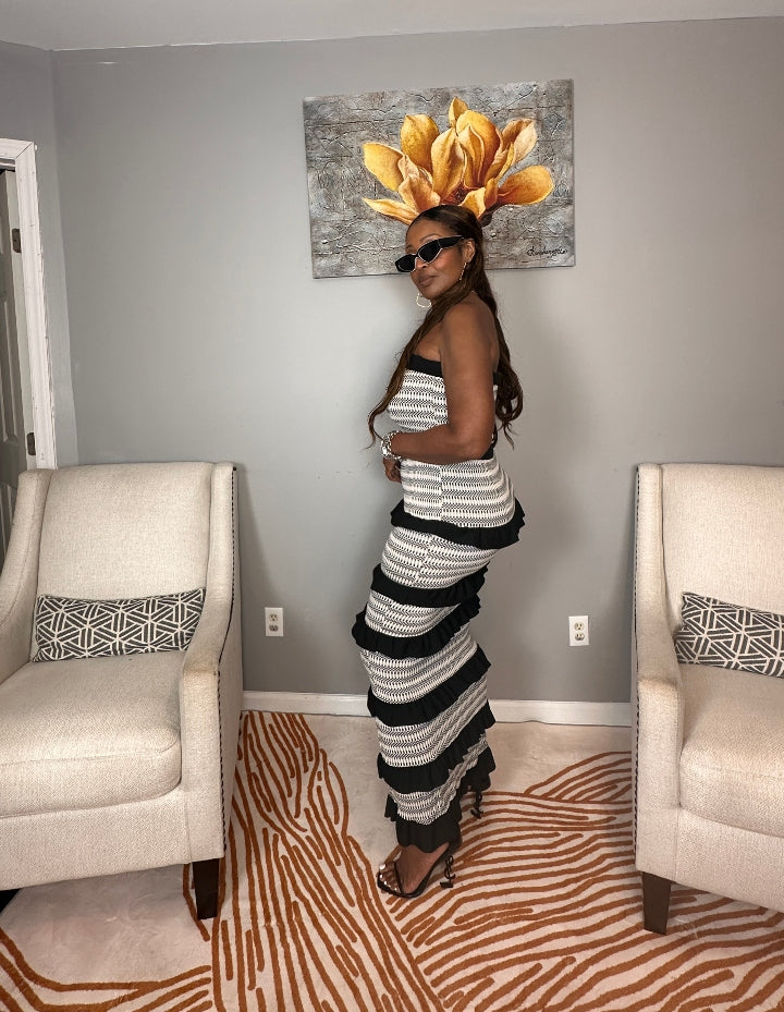 Rhythm & Ruffles Black and White Strapless Bodycon Dress