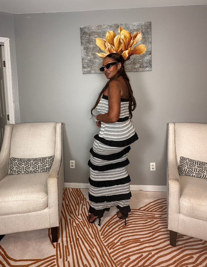Rhythm & Ruffles Black and White Strapless Bodycon Dress