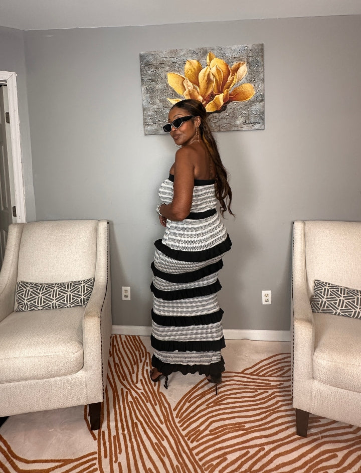 Rhythm & Ruffles Black and White Strapless Bodycon Dress