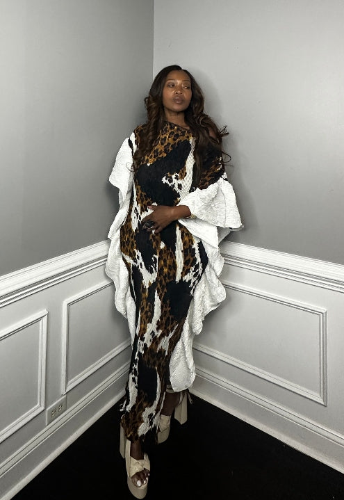 PRE- ORDER Own the room ruffled maxi dress - leopard black and white blend Ships 9/4