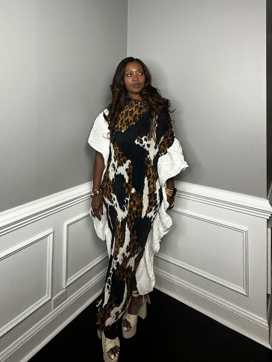 PRE- ORDER Own the room ruffled maxi dress - leopard black and white blend Ships 9/4