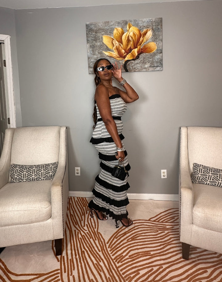 Rhythm & Ruffles Black and White Strapless Bodycon Dress