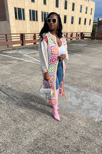 Rich Auntie Crochet multi-colored striped long cardigan kimono - Pink Blend