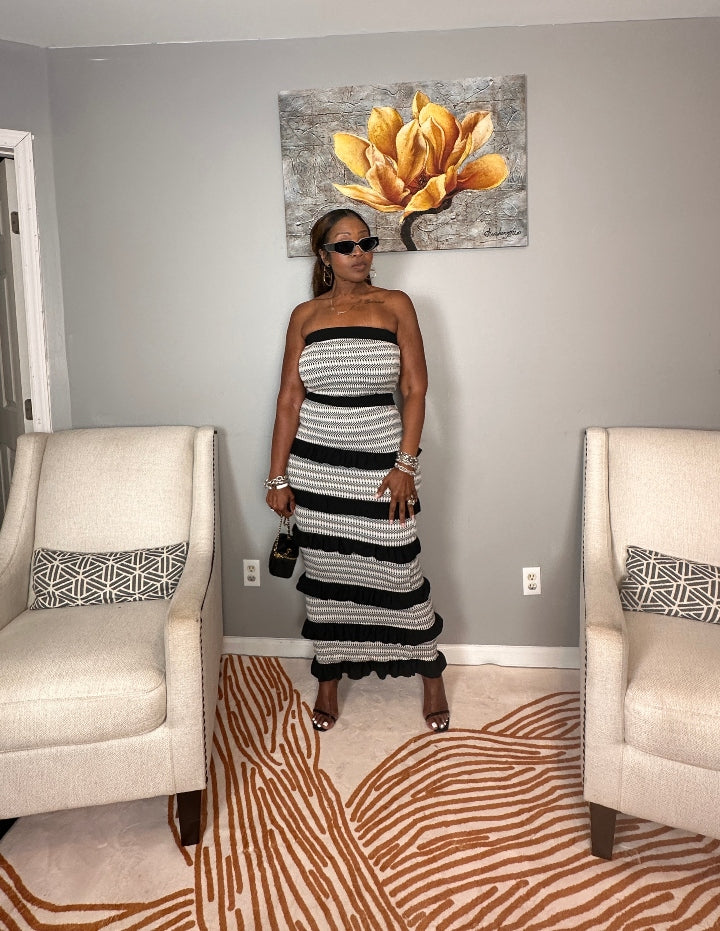 Rhythm & Ruffles Black and White Strapless Bodycon Dress