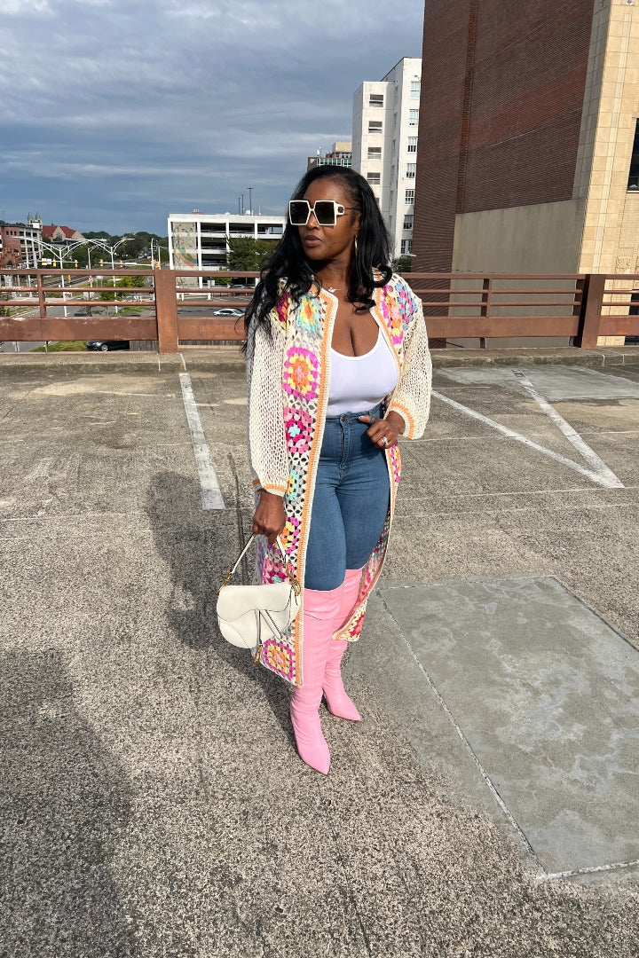 Rich Auntie Crochet multi-colored striped long cardigan kimono - Pink Blend