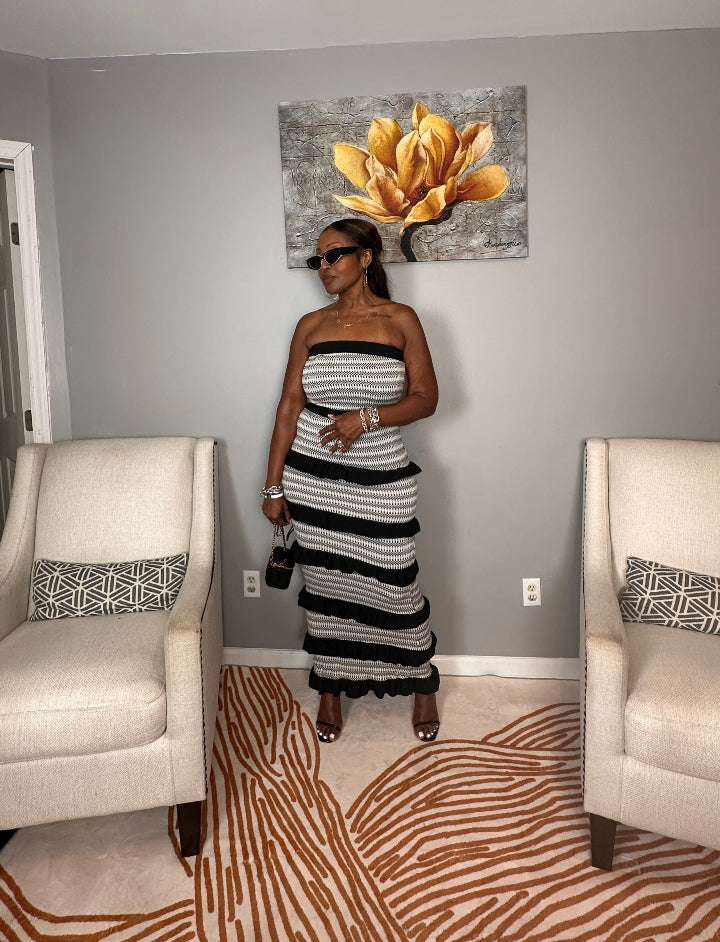 Rhythm & Ruffles Black and White Strapless Bodycon Dress