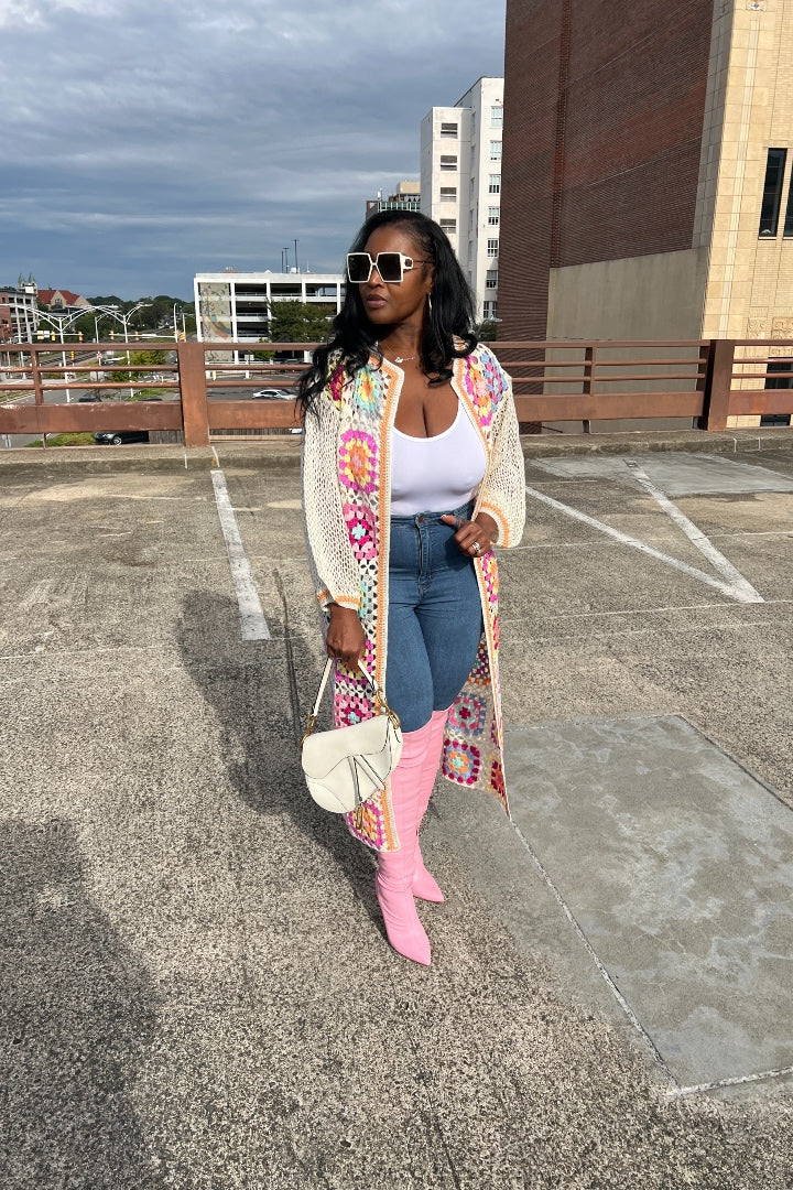 Rich Auntie Crochet multi-colored striped long cardigan kimono - Pink Blend