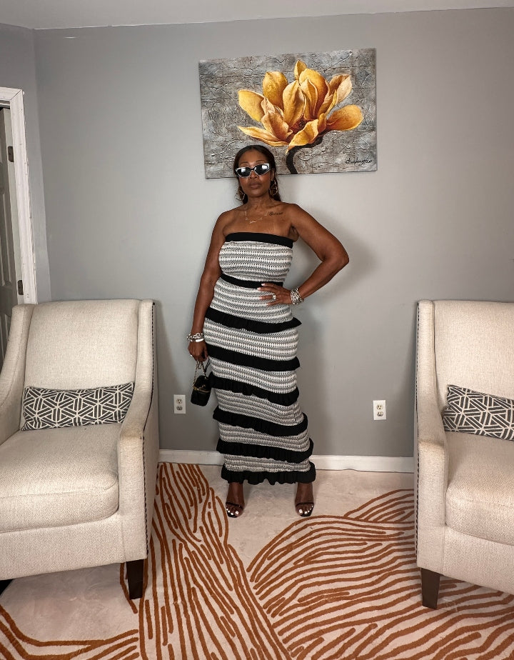 Rhythm & Ruffles Black and White Strapless Bodycon Dress