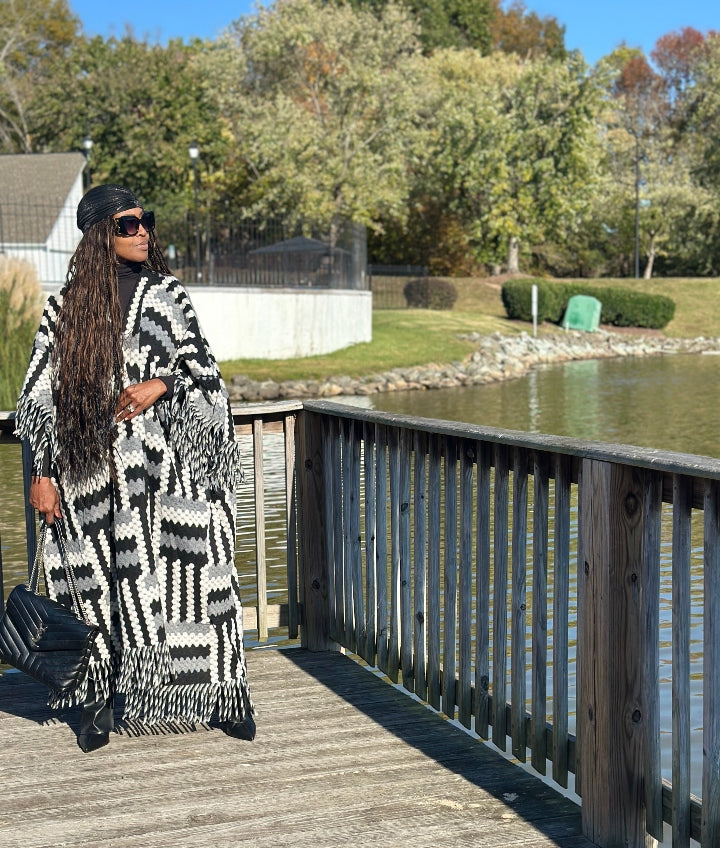 New Phoenix Open Front Long Crochet Coat Kimono - Black Grey White Blend Ships 11/4