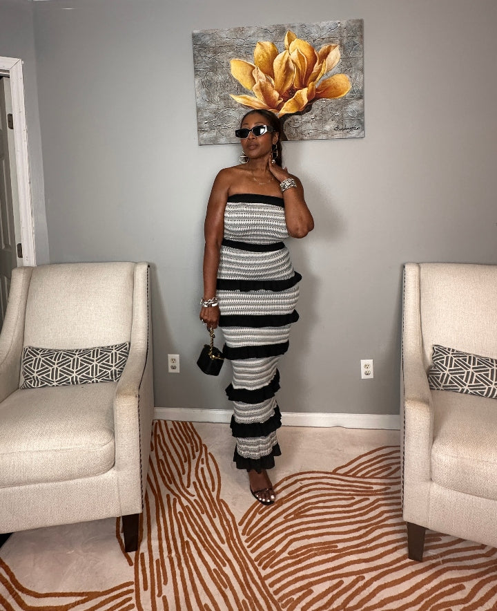Rhythm & Ruffles Black and White Strapless Bodycon Dress