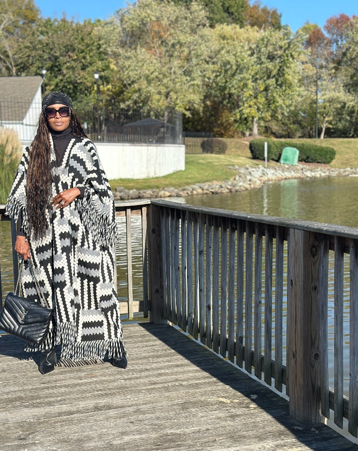 New Phoenix Open Front Long Crochet Coat Kimono - Black Grey White Blend Ships 11/4