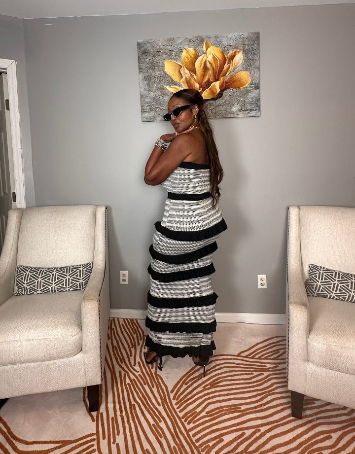 Rhythm & Ruffles Black and White Strapless Bodycon Dress