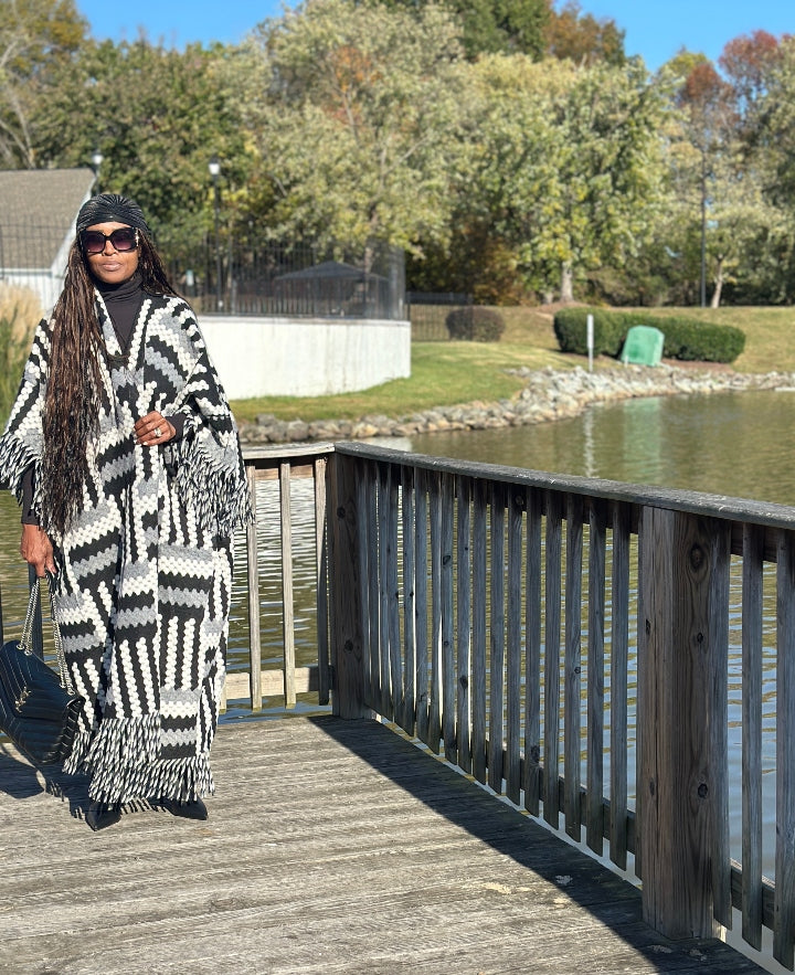 New Phoenix Open Front Long Crochet Coat Kimono - Black Grey White Blend Ships 11/4