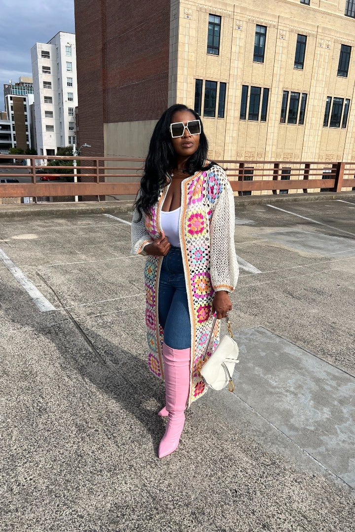 Rich Auntie Crochet multi-colored striped long cardigan kimono - Pink Blend