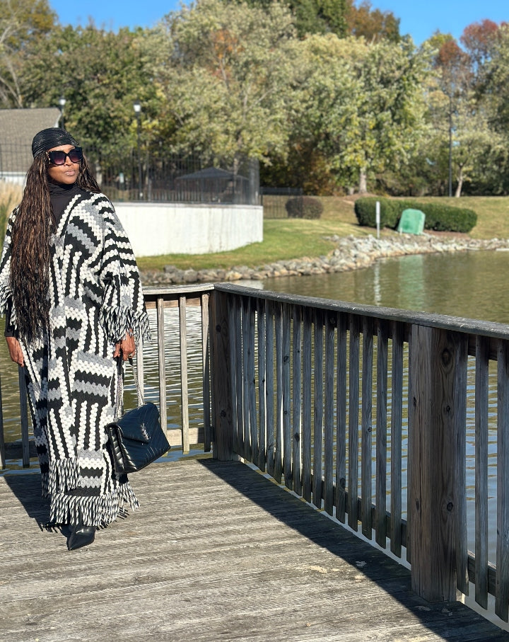 New Phoenix Open Front Long Crochet Coat Kimono - Black Grey White Blend Ships 11/4
