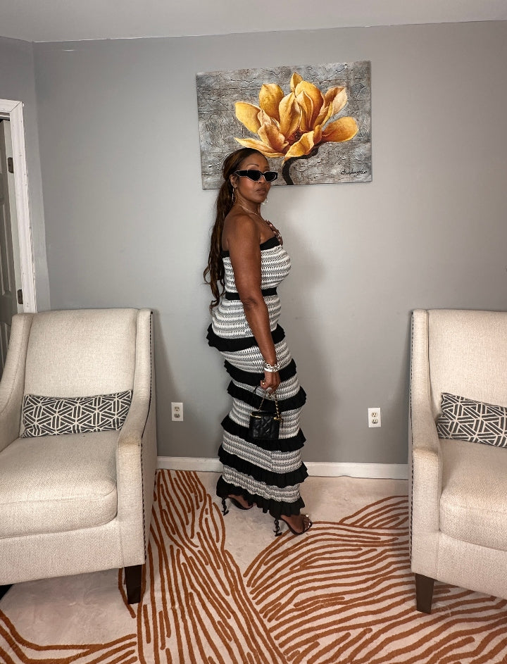 Rhythm & Ruffles Black and White Strapless Bodycon Dress