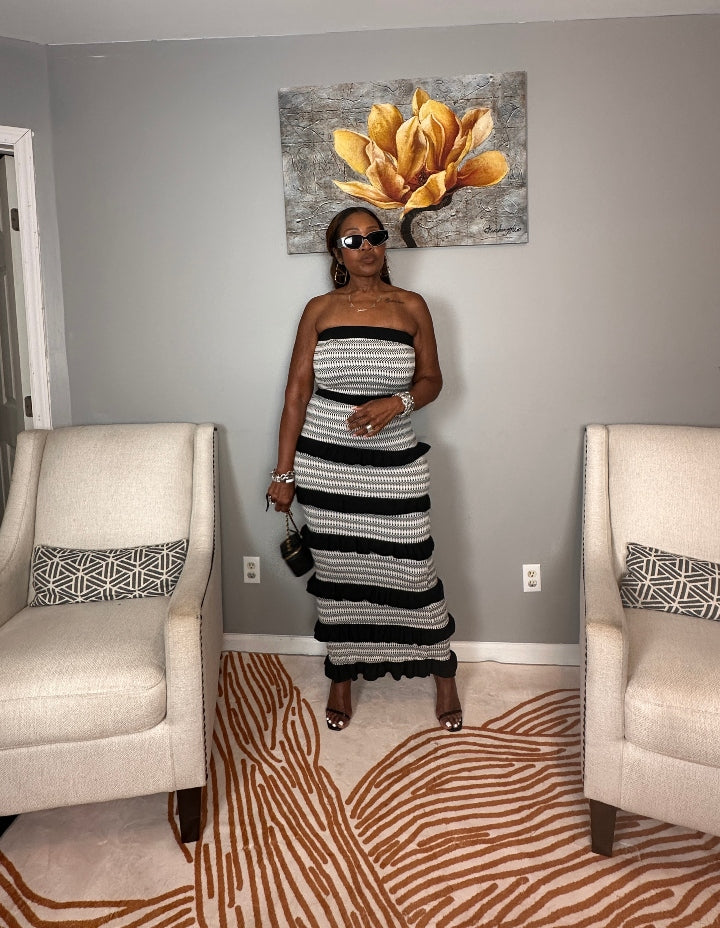Rhythm & Ruffles Black and White Strapless Bodycon Dress