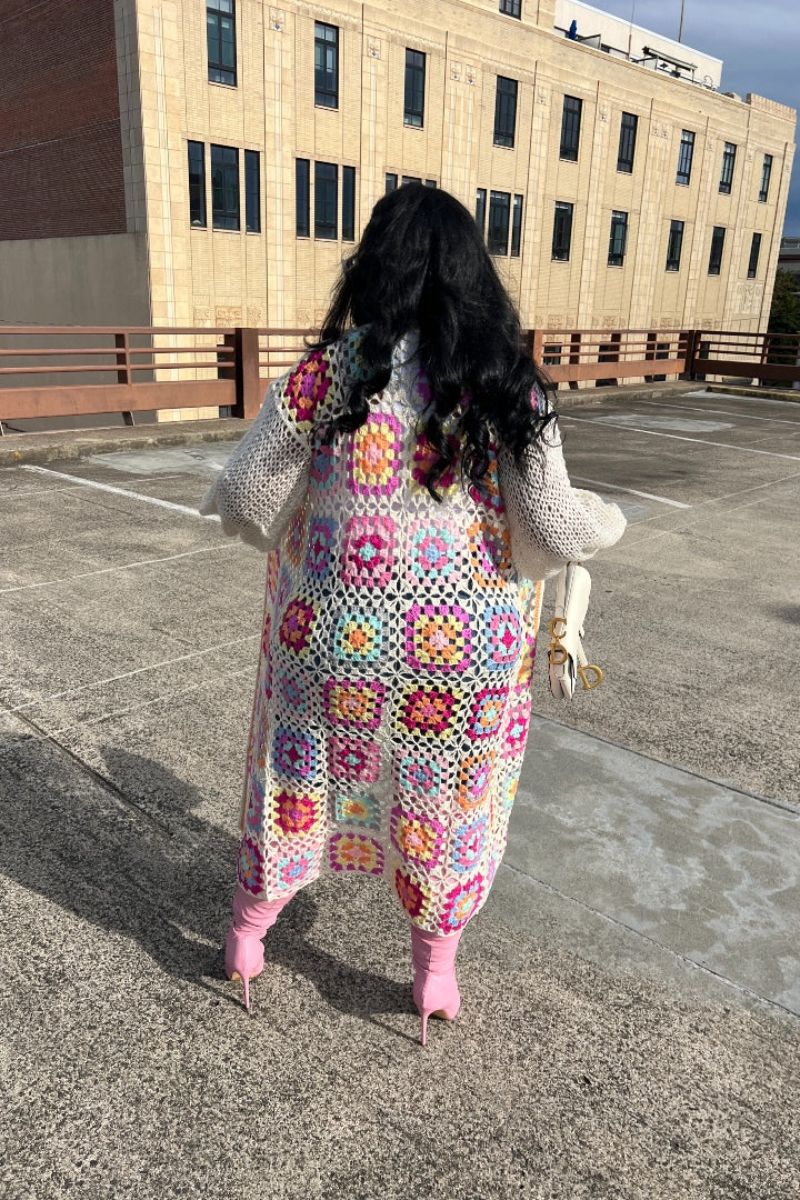 Rich Auntie Crochet multi-colored striped long cardigan kimono - Pink Blend
