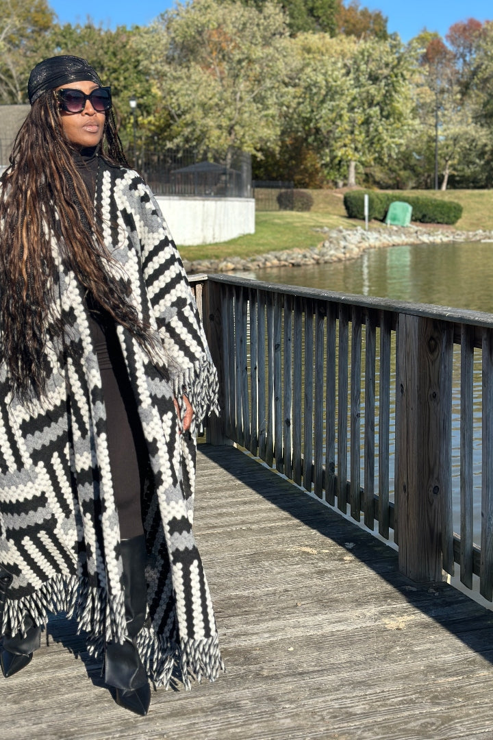 New Phoenix Open Front Long Crochet Coat Kimono - Black Grey White Blend Ships 11/4