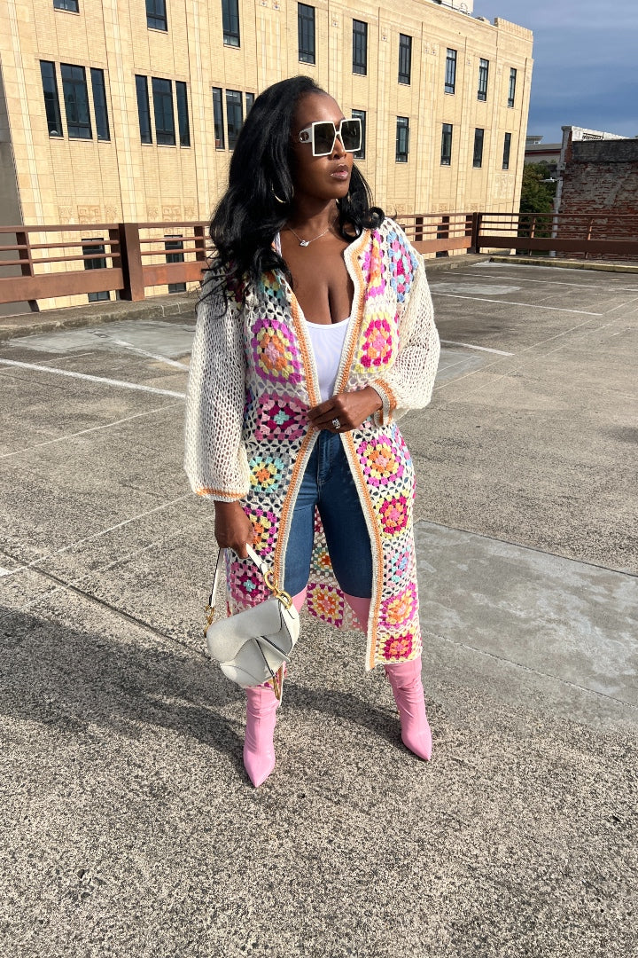 Rich Auntie Crochet multi-colored striped long cardigan kimono - Pink Blend