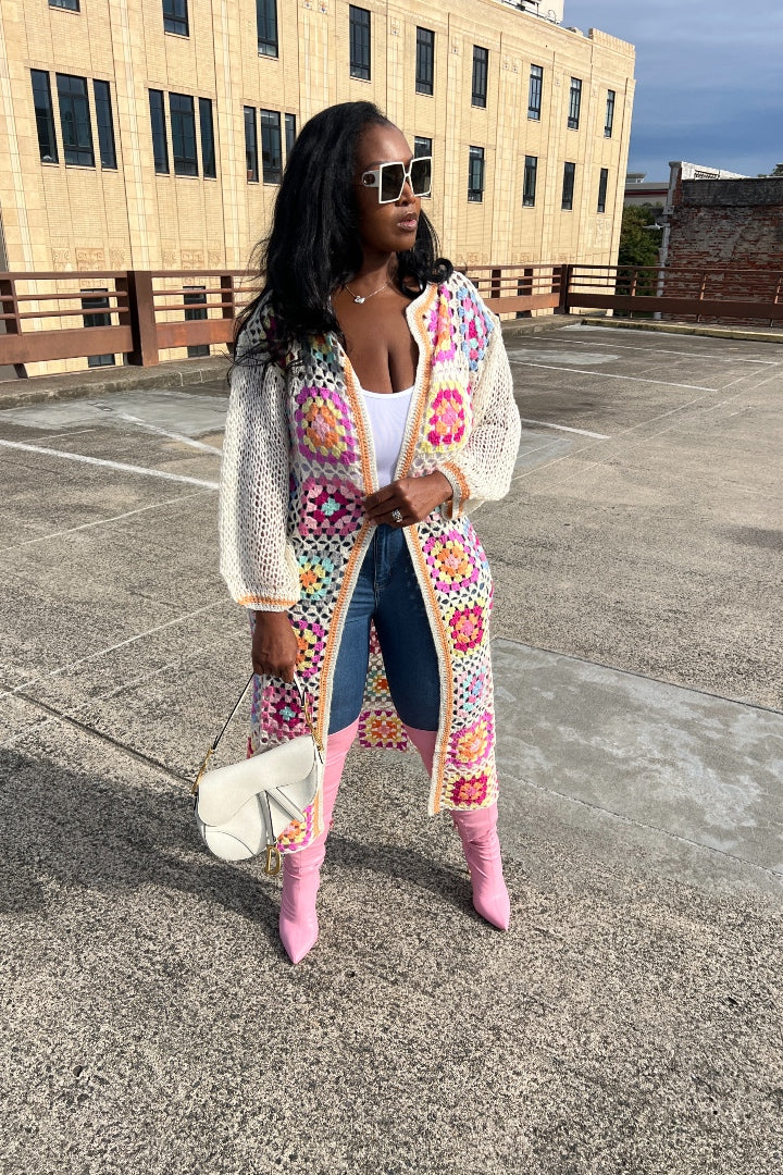 Rich Auntie Crochet multi-colored striped long cardigan kimono - Pink Blend