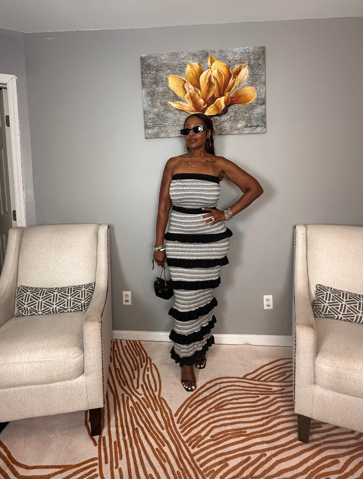 Rhythm & Ruffles Black and White Strapless Bodycon Dress