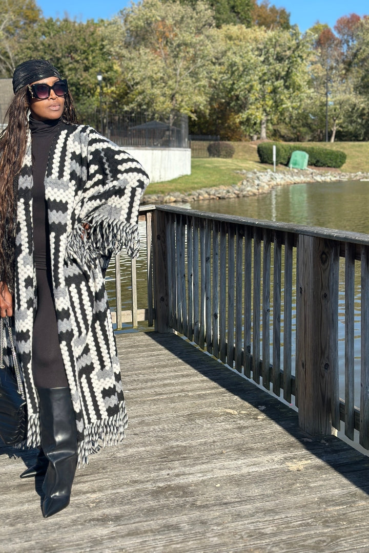 New Phoenix Open Front Long Crochet Coat Kimono - Black Grey White Blend Ships 11/4