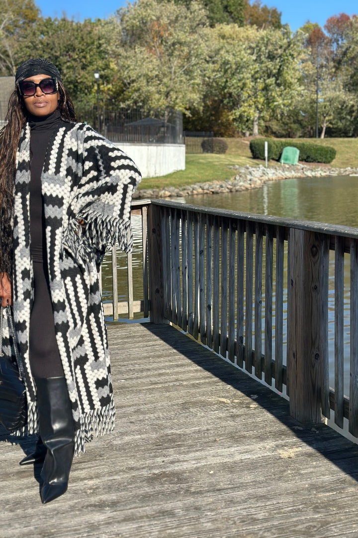 New Phoenix Open Front Long Crochet Coat Kimono - Black Grey White Blend Ships 11/4