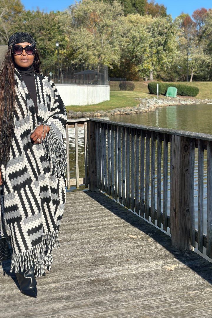 New Phoenix Open Front Long Crochet Coat Kimono - Black Grey White Blend Ships 11/4