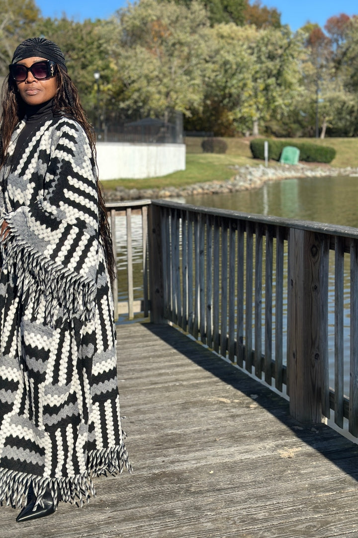New Phoenix Open Front Long Crochet Coat Kimono - Black Grey White Blend Ships 11/4