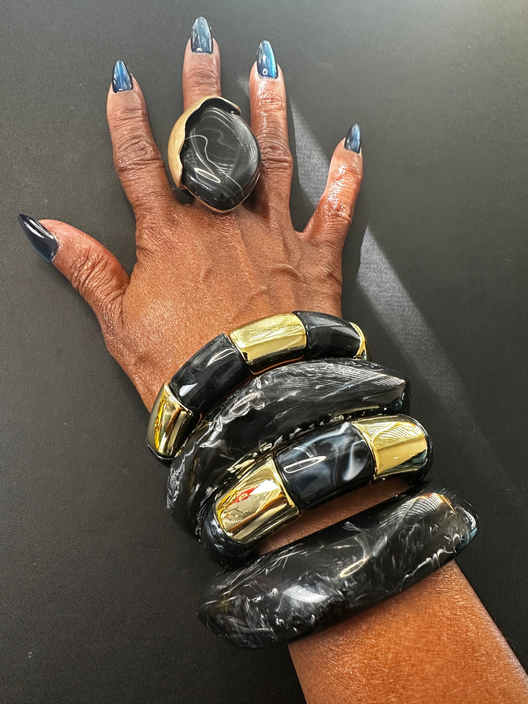 Stacked Tribal 4 pc Bracelet Set - Black marble clear gold blend